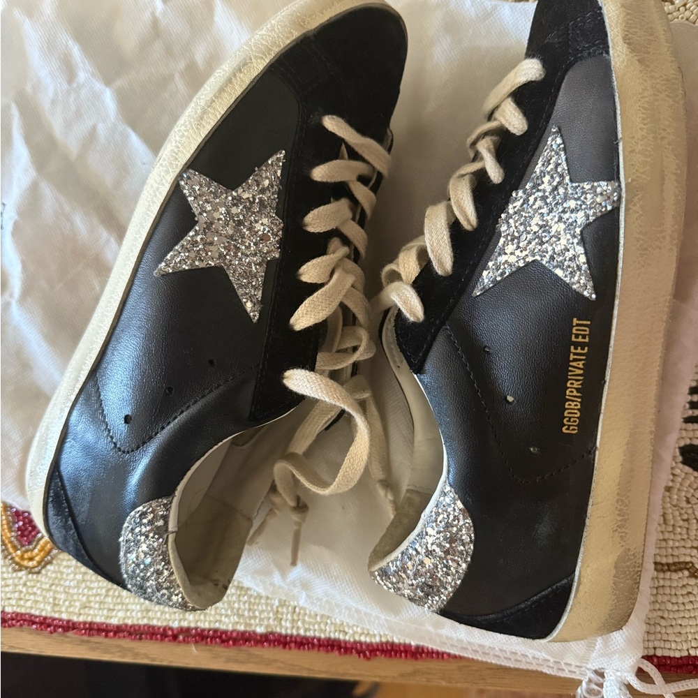 Golden Goose Black and Silver Glitter Star Sneakers